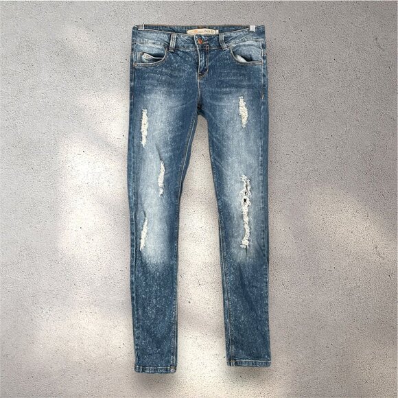 ZARA Premium Wash Slim Jeans Womens 6 Blue Distressed Ripped Denim Grunge Y2K - Picture 1 of 8